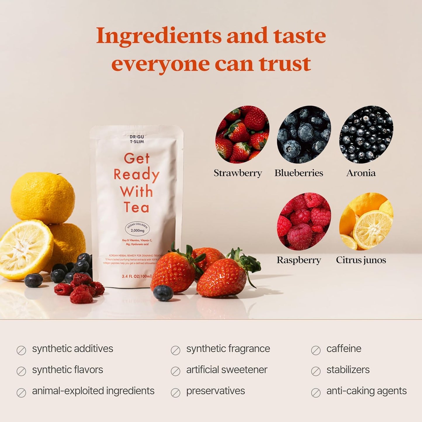 Korean Vegan Collagen Peptides Liquid Supplement - Mixed Berry Flavor | Dr. GU T.SLIM Herbal Extracts - 20 Packs (1 Box) for Glowing Skin - Tea Ready
