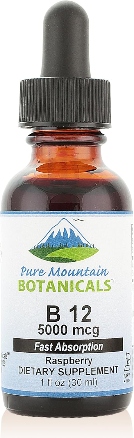Kosher 5000 mcg B12 Vitamin Drops with Natural Berry Flavor in 1oz Bottle by Pure Mountain Botanicals