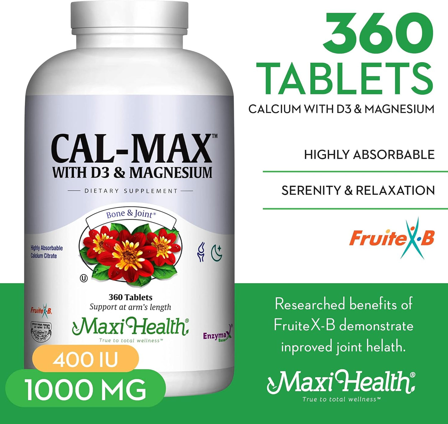 Kosher Bone Health Supplement with Calcium, Magnesium, Vitamin D3, and Boron - Nighttime Formula for Strong Bones (360 Tablets)
