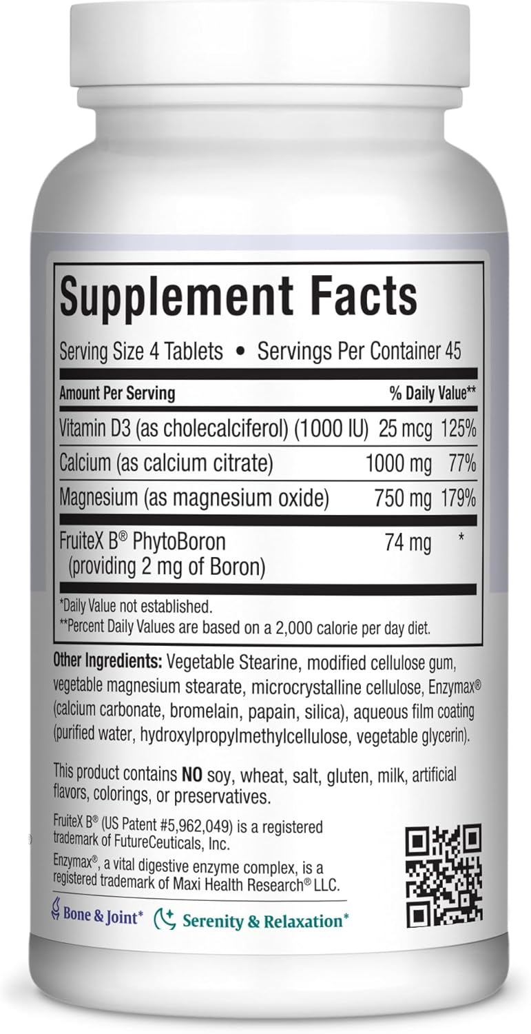 Kosher Bone Health Supplement with Calcium, Magnesium, Vitamin D3, and Boron - Nighttime Formula for Strong Bones, 180 Tablets