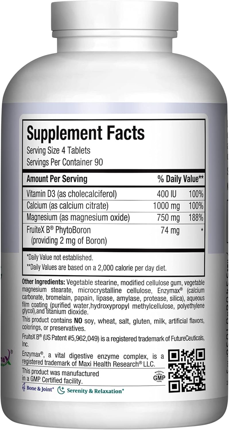 Kosher Bone Health Supplement with Calcium, Magnesium, Vitamin D3, and Boron - Nighttime Formula for Strong Bones (360 Tablets)