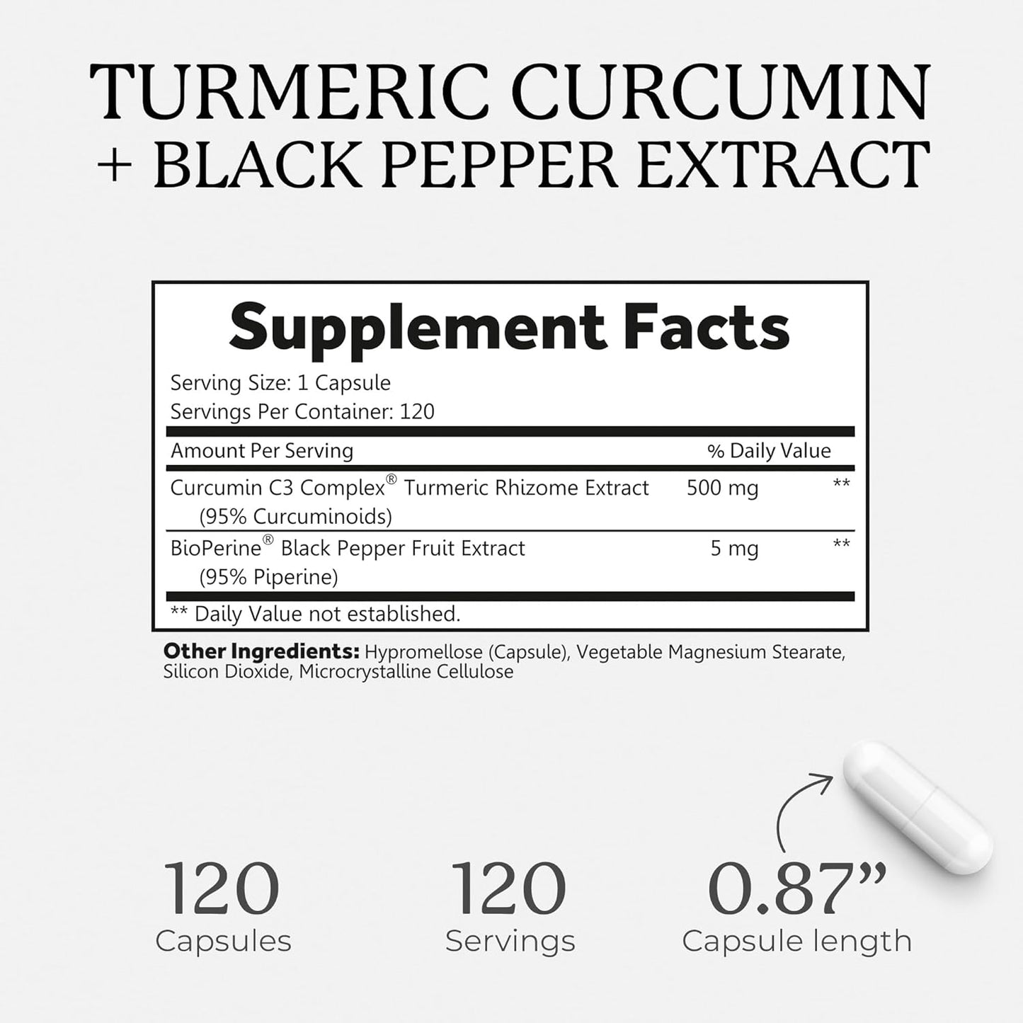 Kosher Certified Turmeric Curcumin Capsules with Black Pepper - 500mg, 95% Curcuminoids, Non-GMO, Gluten-Free - 120 VegCaps for Enhanced Absorption