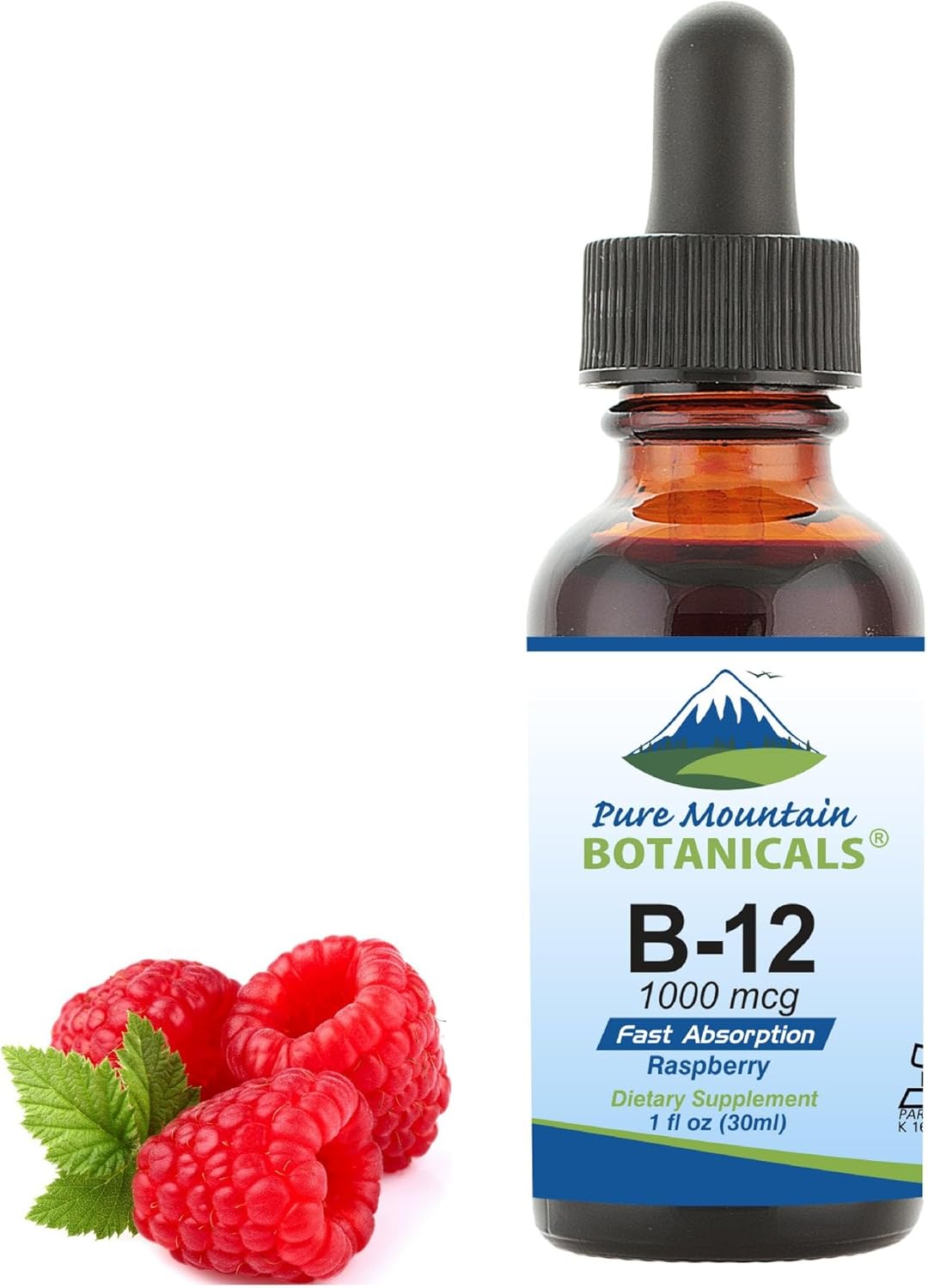 Kosher Liquid B12 Drops with Natural Berry Flavor - Pure Mountain Botanicals 1000 mcg Vitamin B12