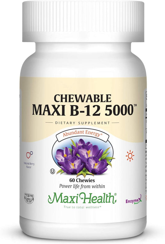 Kosher Maxi Health Energy Booster Chewable Vitamin B-12 5000 mcg Berry Flavor 60 Chewies