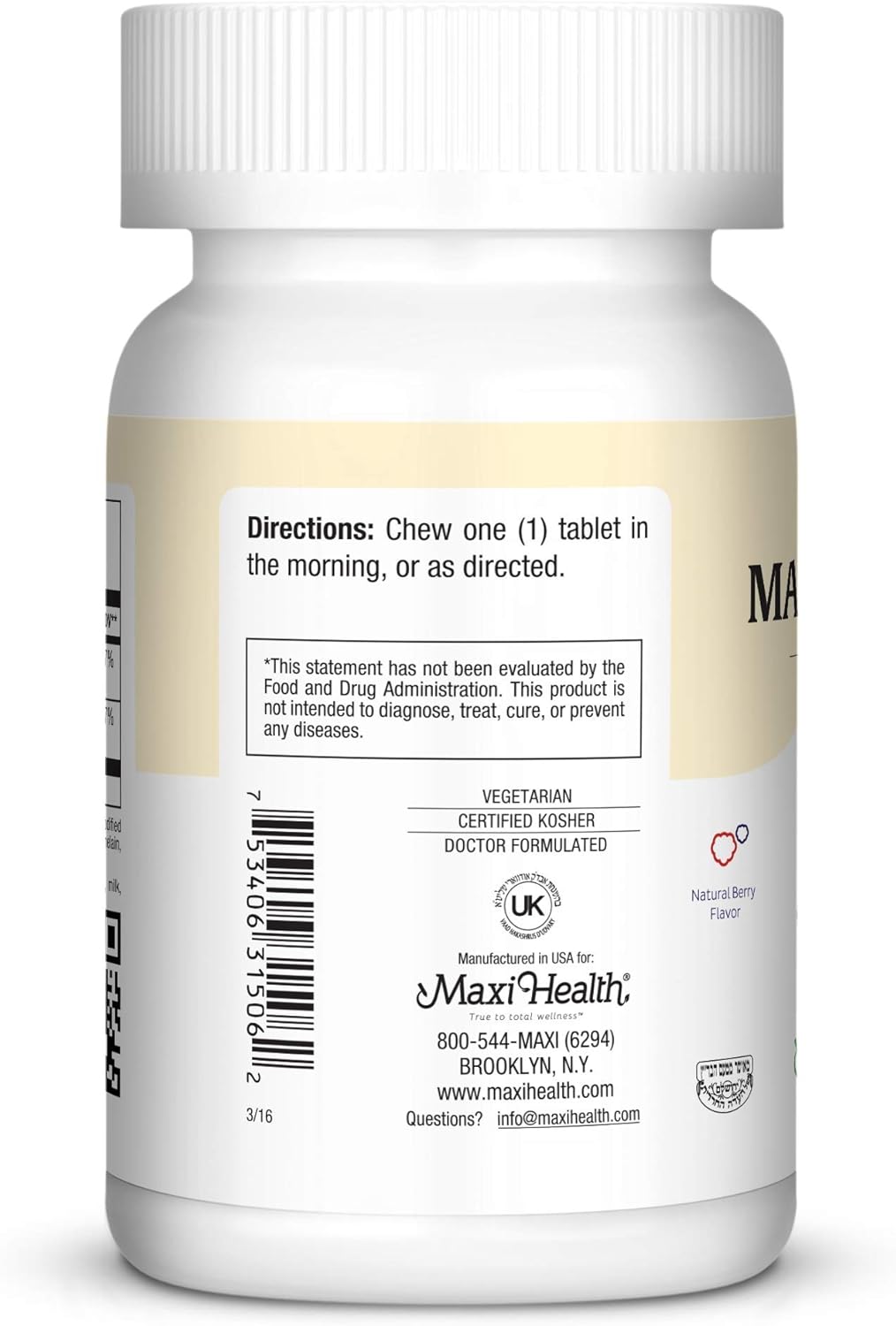 Kosher Maxi Health Energy Booster Chewable Vitamin B-12 5000 mcg Berry Flavor 60 Chewies