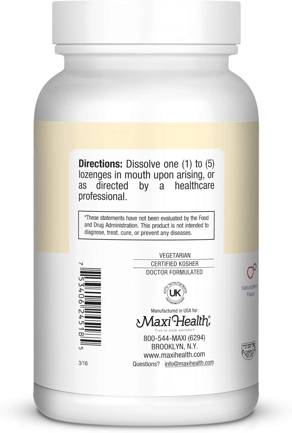 Kosher Strawberry Flavored Maxi Health Triple B Chewies - 180 Lozenges with Vitamin B12, B6, and Biotin