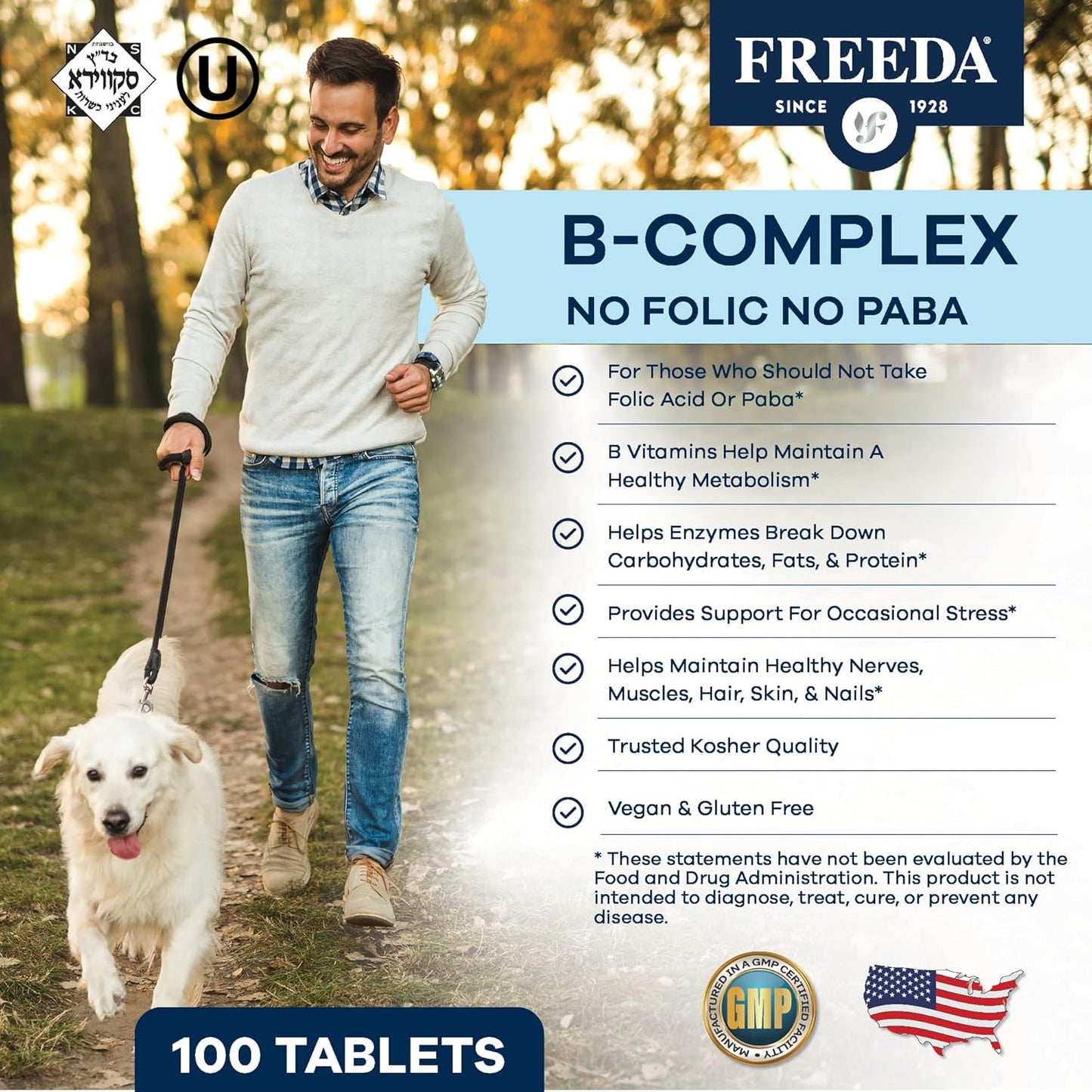 Kosher Vitamin B Complex Supplement - 100 Ct Super B Complex with Vitamin B1, B2, B3, B5, B6, B12 - No Folic or PABA - Vit B Complex for Women & Men