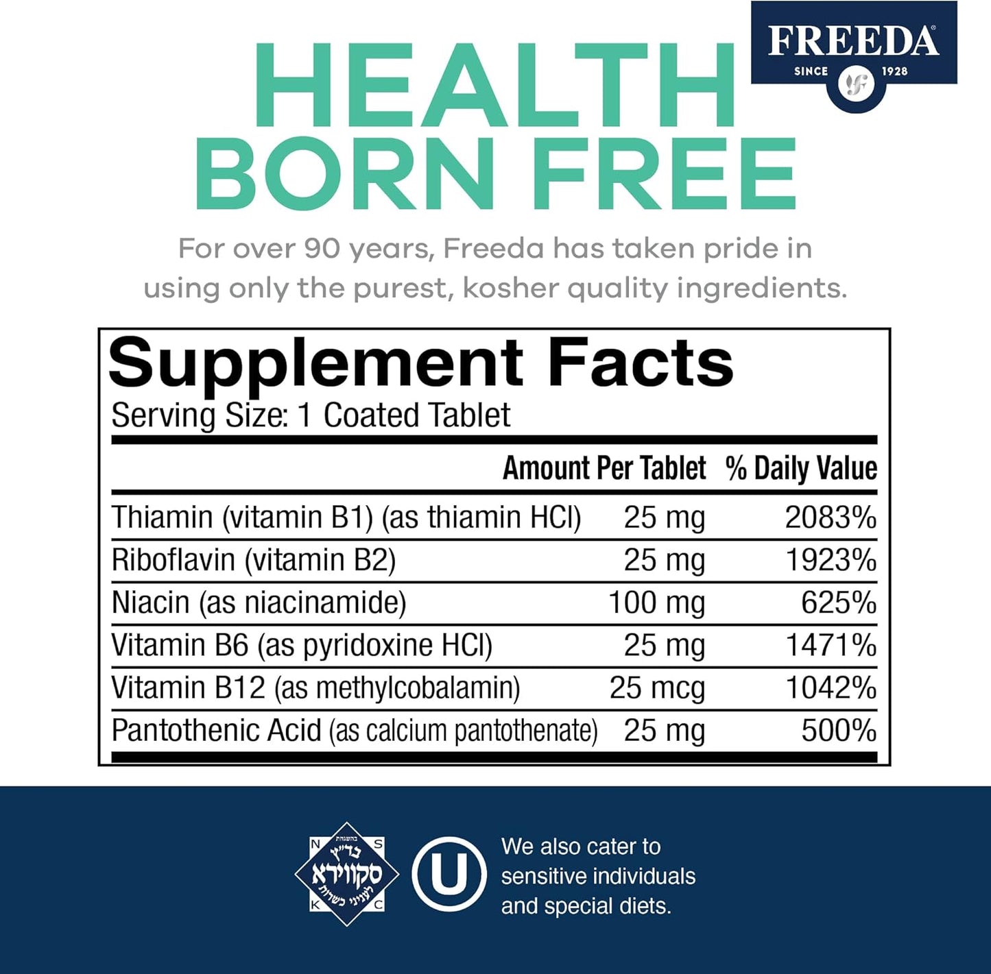 Kosher Vitamin B Complex Supplement - 100 Ct Super B Complex with Vitamin B1, B2, B3, B5, B6, B12 - No Folic or PABA - Vit B Complex for Women & Men
