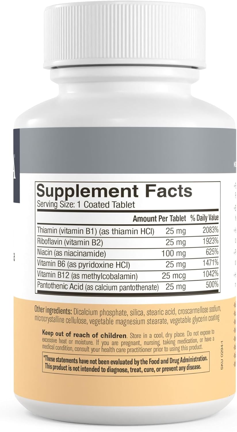 Kosher Vitamin B Complex Supplement - 100 Ct Super B Complex with Vitamin B1, B2, B3, B5, B6, B12 - No Folic or PABA - Vit B Complex for Women & Men
