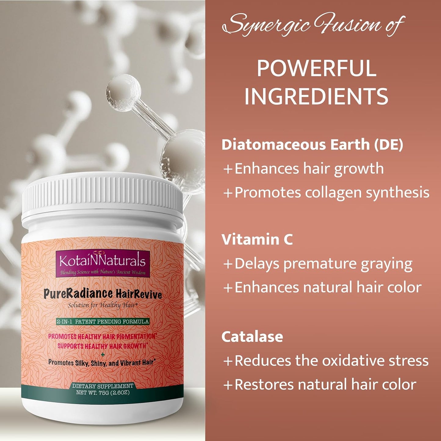 KotaiNNaturals Pure Radiance Hair Revive Powder - 2-in-1 Supplement for Hair Growth and Gray Hair Reversal with Collagen Benefits - Men and Women