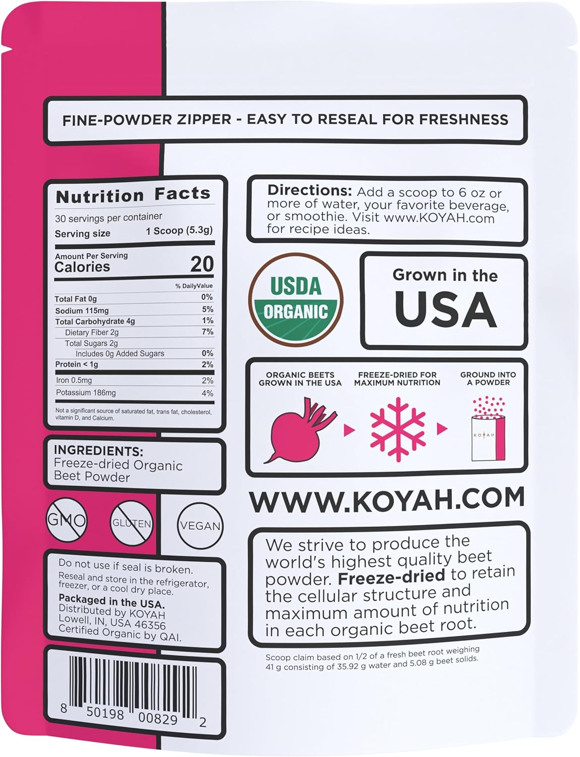 KOYAH Organic Freeze-Dried Beet Powder: USA Grown, Whole-Root, 30 Servings, Add to Water, Juice, or Smoothies - BoostGo Australia