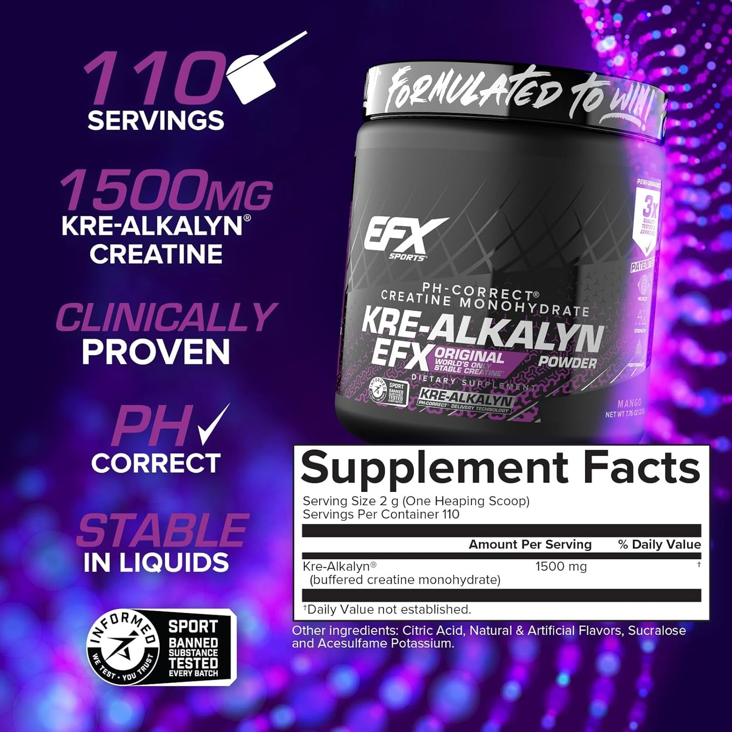 Kre-Alkalyn EFX Powder Supplement for Strength, Muscle Growth & Performance - Mango Flavor - 110 Servings