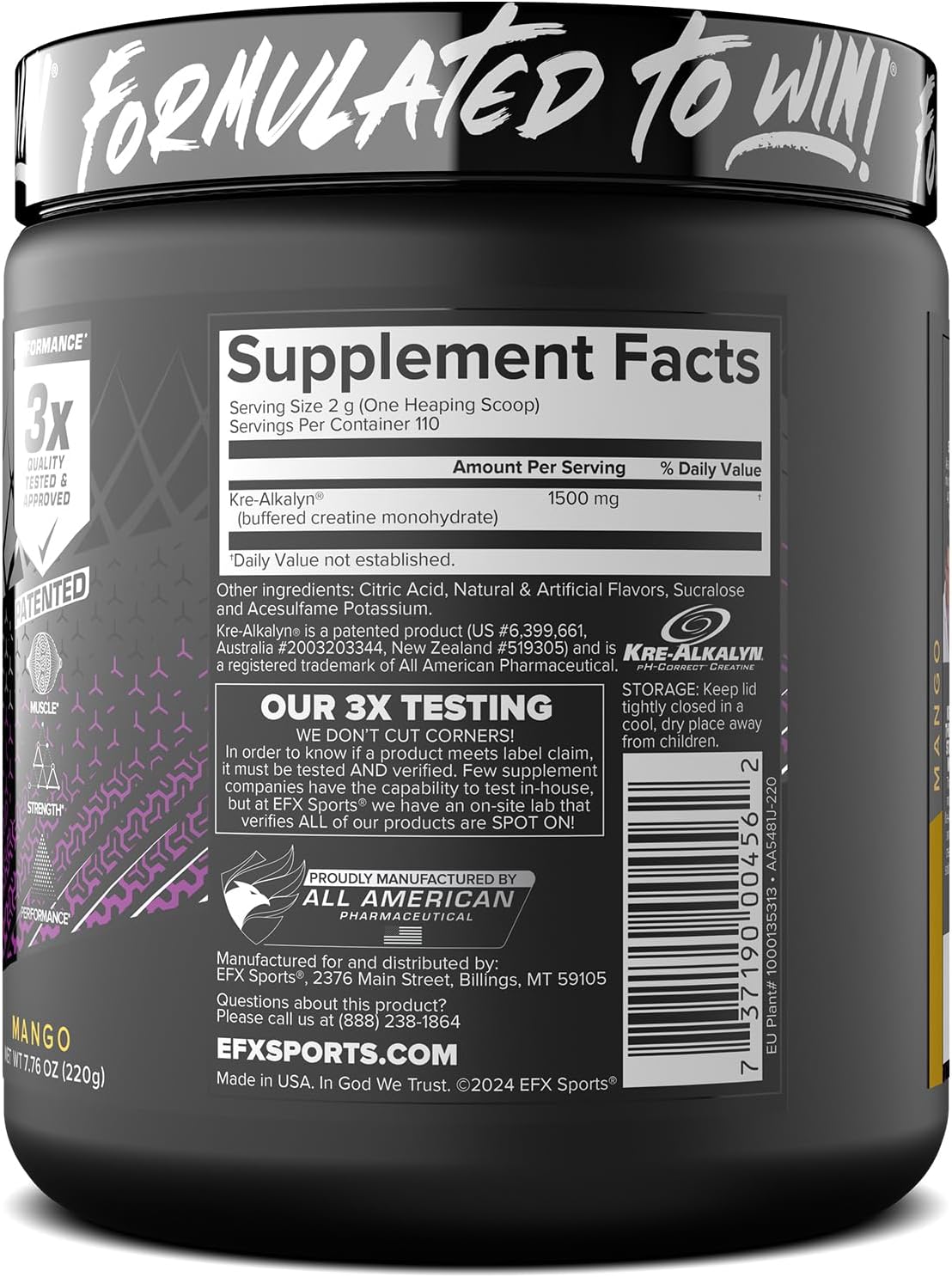 Kre-Alkalyn EFX Powder Supplement for Strength, Muscle Growth & Performance - Mango Flavor - 110 Servings