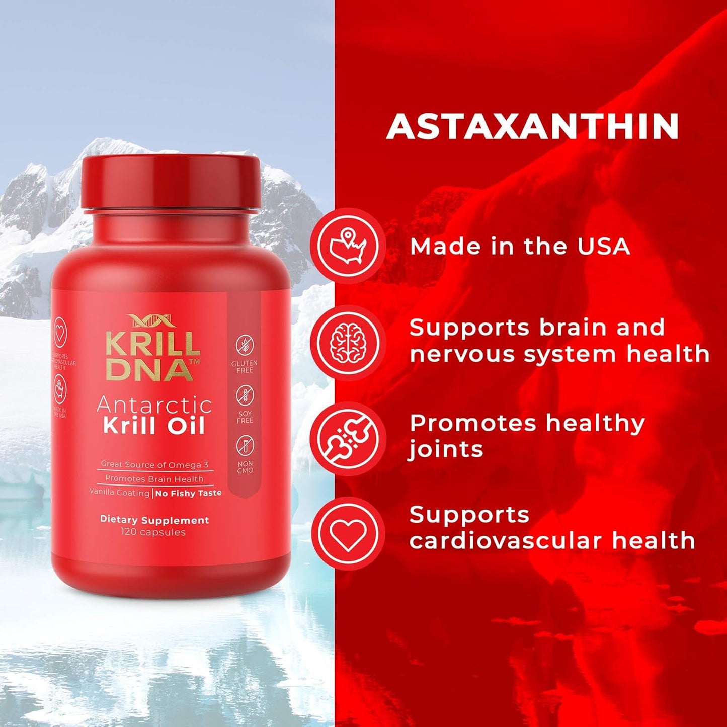 KrillDNA Antarctic Krill Oil Softgels 1000mg with Astaxanthin, Omega 3, DHA, EPA, Phospholipids | Vanilla Coating, No Smell, 60 Servings