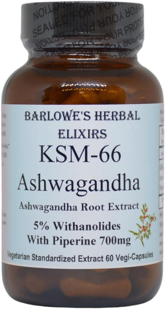 KSM-66 Ashwagandha Herbal Elixir Capsules - 700mg Root Extract, 5% Withanolides, 60 Veggie Capsules