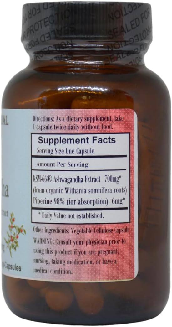 KSM-66 Ashwagandha Herbal Elixir Capsules - 700mg Root Extract, 5% Withanolides, 60 Veggie Capsules