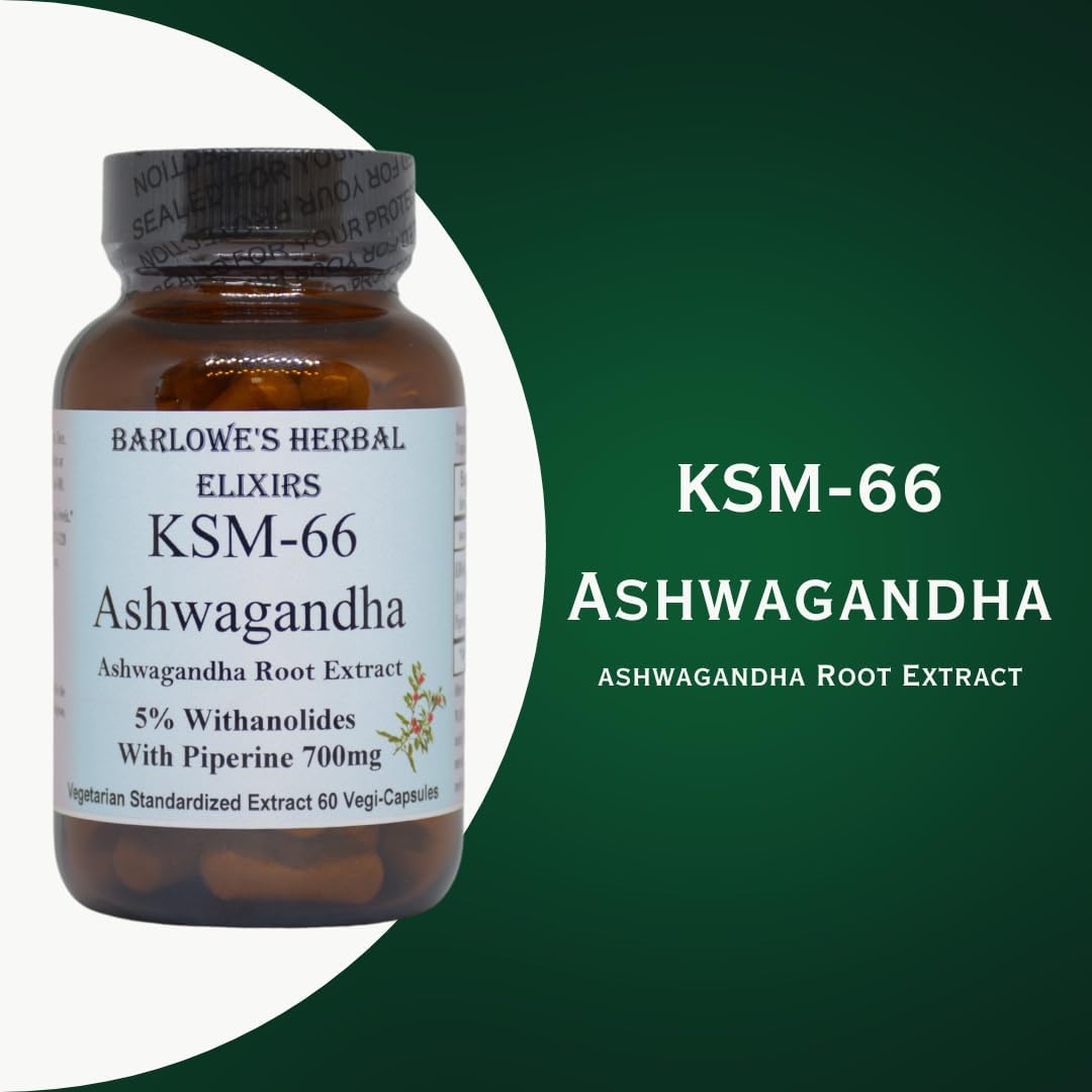KSM-66 Ashwagandha Herbal Elixir Capsules - 700mg Root Extract, 5% Withanolides, 60 Veggie Capsules
