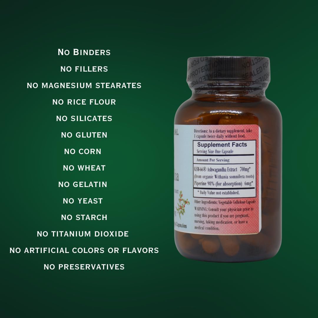 KSM-66 Ashwagandha Herbal Elixir Capsules - 700mg Root Extract, 5% Withanolides, 60 Veggie Capsules