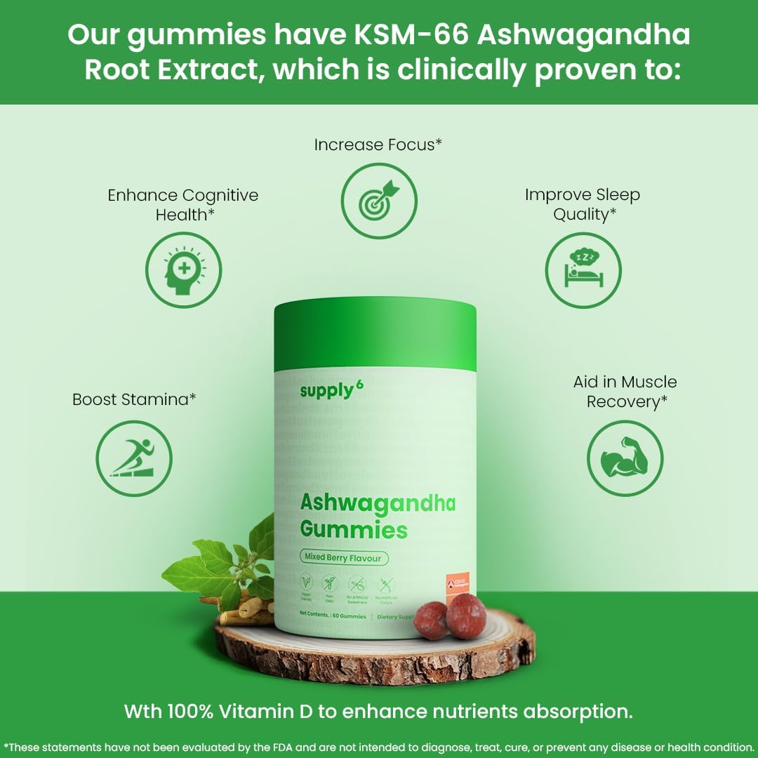 KSM-66 Ashwagandha & Vitamin D Gummy - Mixed Berry Flavor - Vegan & Non-GMO - 60 Count - Gluten-Free - Plant Based - Gelatin-Free - 1 Pack