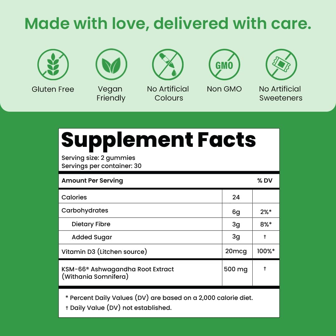 KSM-66 Ashwagandha & Vitamin D Gummy - Mixed Berry Flavor - Vegan & Non-GMO - 60 Count - Gluten-Free - Plant Based - Gelatin-Free - 1 Pack