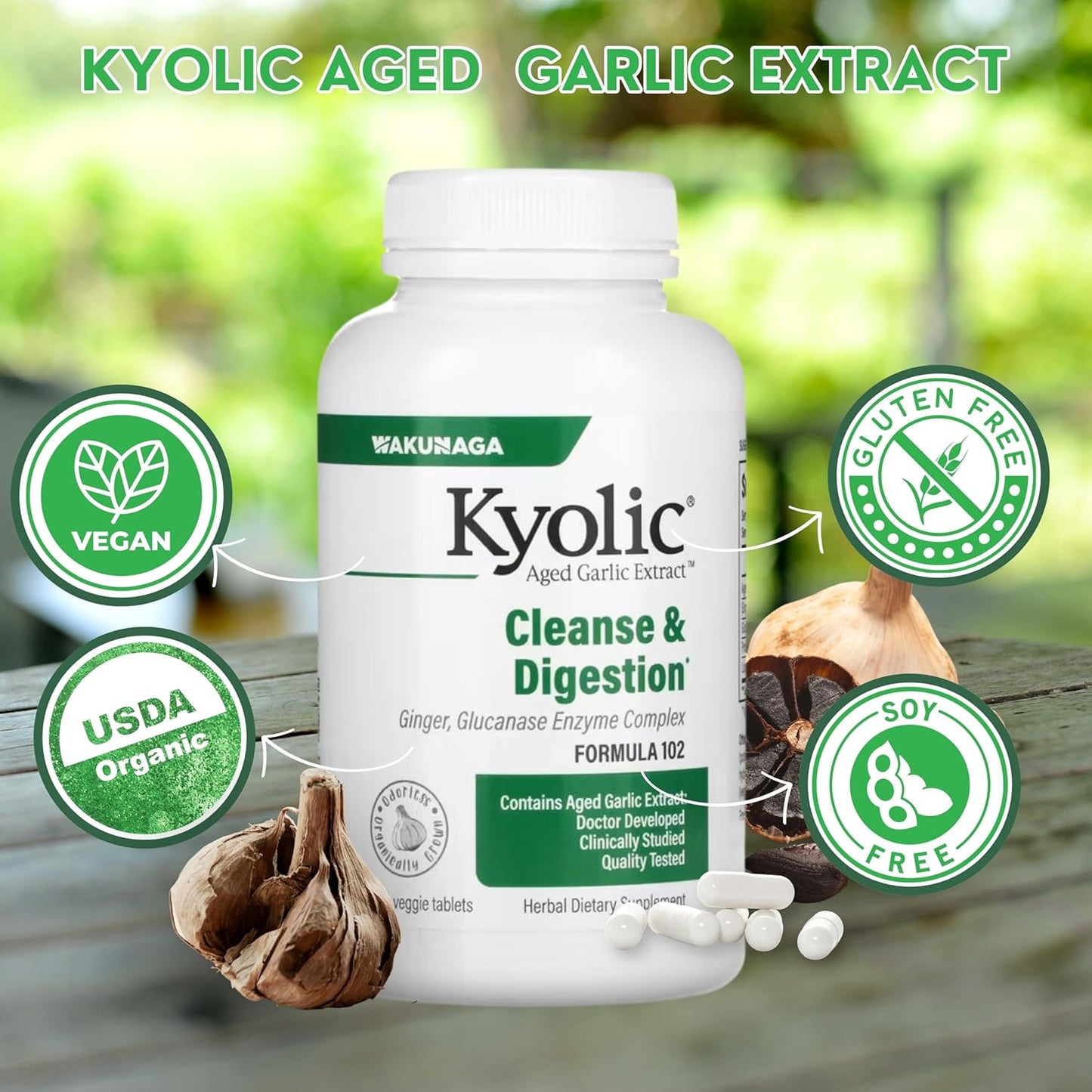 Kyolic Aged Garlic Extract 200 Veggie Tablets Cleanse & Digestion Bundle - Enriched with Garlic Ginger - Worldwide Nutrition Formula 102, 200 Counts