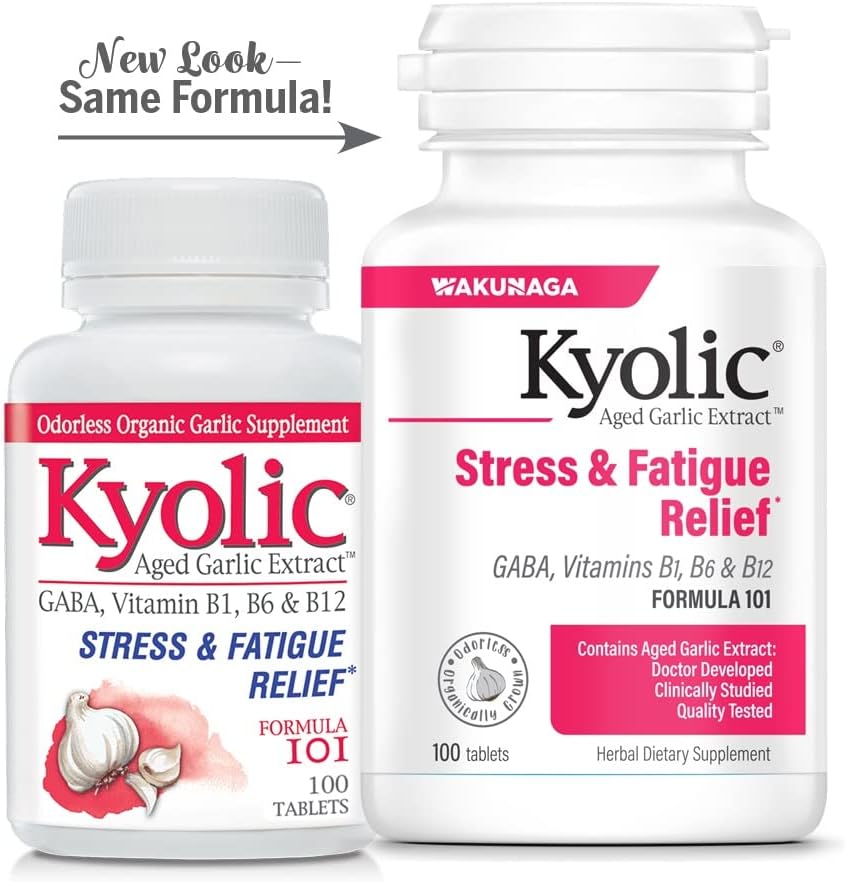 Kyolic Aged Garlic Extract Formula 101, 100 Tablets for Stress and Fatigue Relief - Packaging May Vary