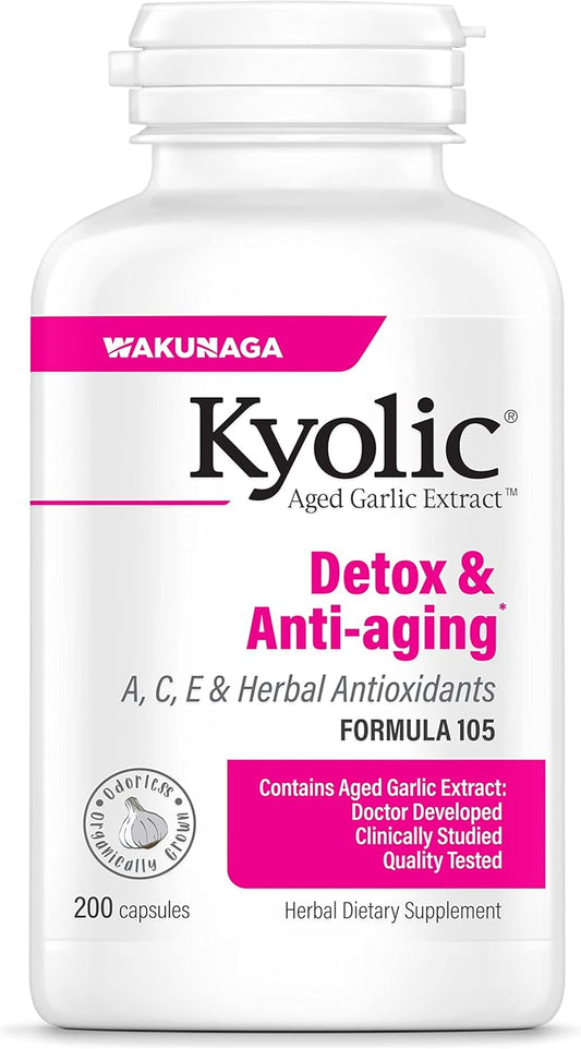 Kyolic Aged Garlic Extract Formula 105, Detox & Anti-Aging Supplement, 200 Capsules