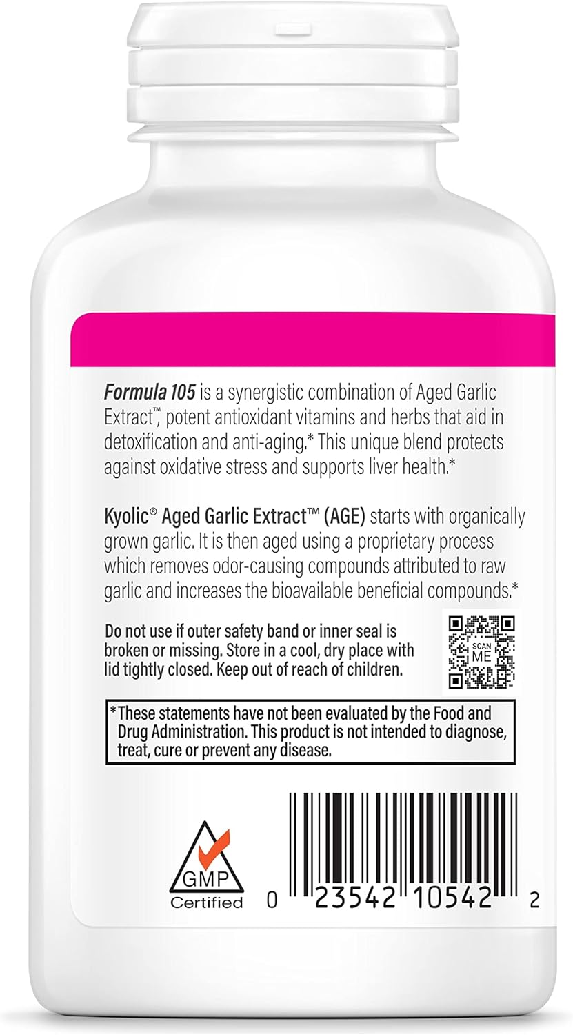 Kyolic Aged Garlic Extract Formula 105, Detox & Anti-Aging Supplement, 200 Capsules