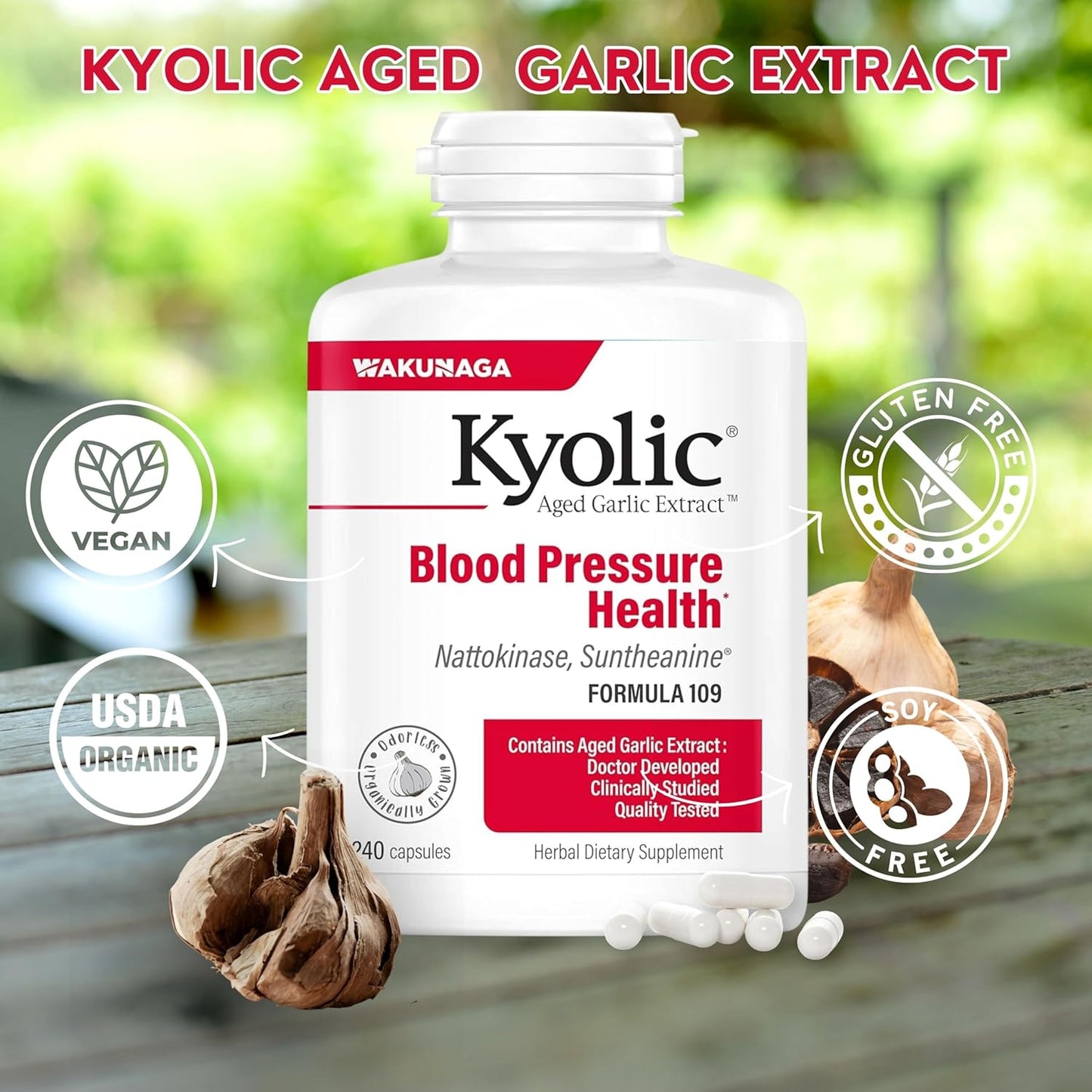 Kyolic Aged Garlic Extract Formula 109 Bundle with Blood Pressure Health Capsules and Multi-Purpose Key Chain