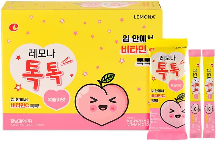 Kyung Nam Pharm LEMONA TOKTOK Kids Vitamin C 50mg Stick Packs, Peach Flavored for Daily Energy & Overall Health Boost
