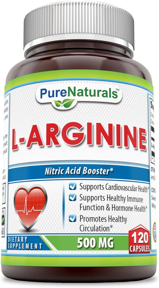 L-Arginine Capsules 500mg for Cardiovascular & Immune Health - 120 Count