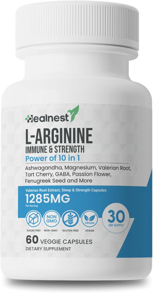 L-Arginine Capsules with L-Theanine, Valerian Root, Ashwagandha, Magnesium, Tart Cherry - 60 Non-GMO Veggie Capsules