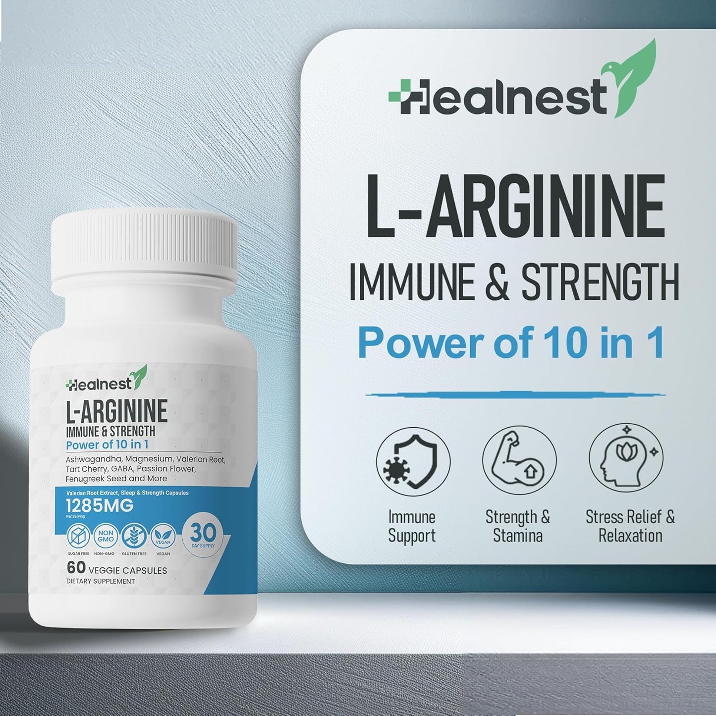 L-Arginine Capsules with L-Theanine, Valerian Root, Ashwagandha, Magnesium, Tart Cherry - 60 Non-GMO Veggie Capsules