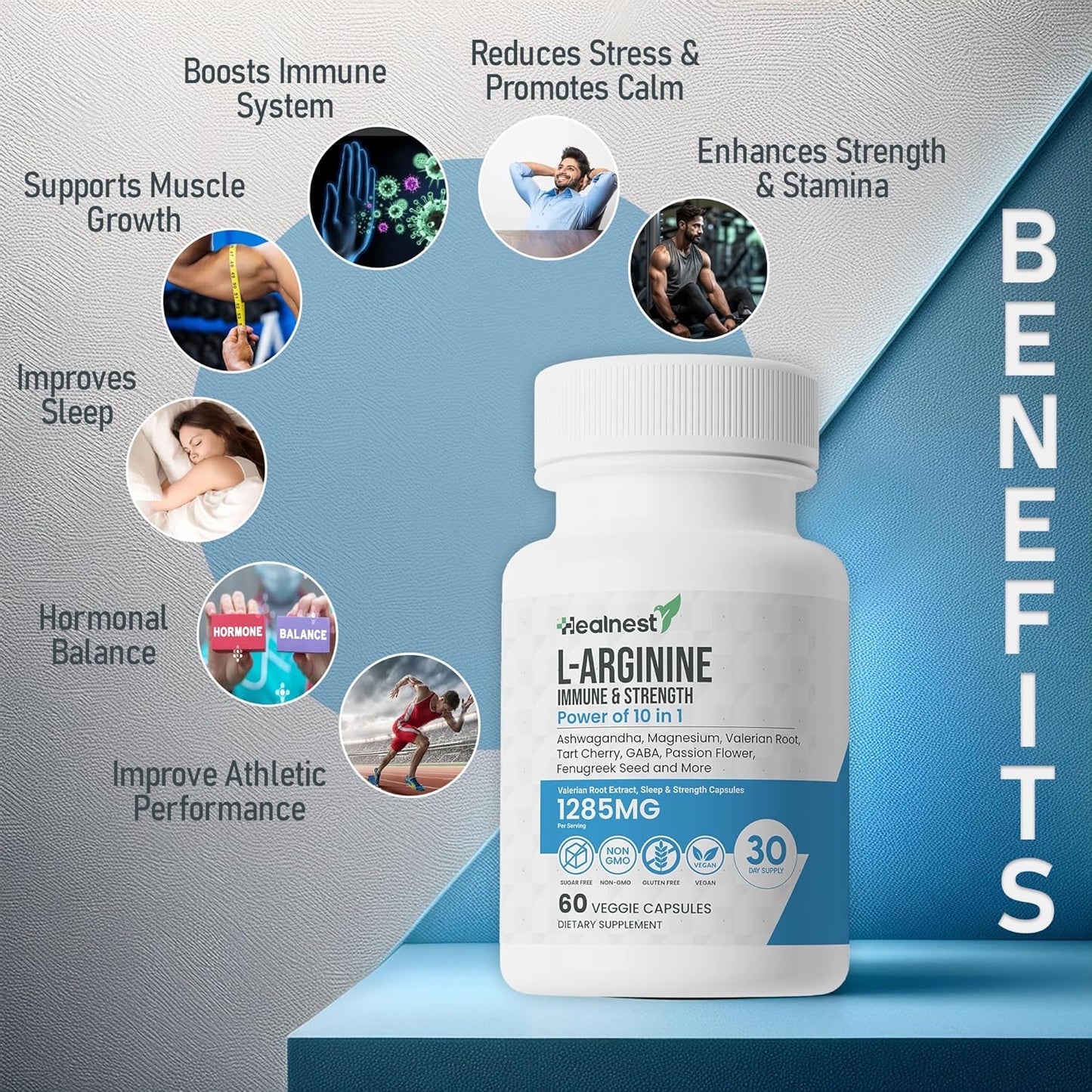 L-Arginine Capsules with L-Theanine, Valerian Root, Ashwagandha, Magnesium, Tart Cherry - 60 Non-GMO Veggie Capsules