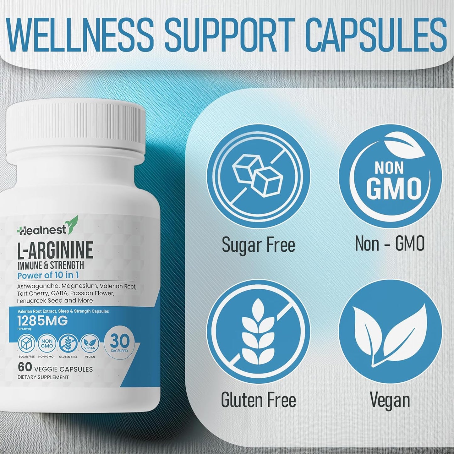 L-Arginine Capsules with L-Theanine, Valerian Root, Ashwagandha, Magnesium, Tart Cherry - 60 Non-GMO Veggie Capsules