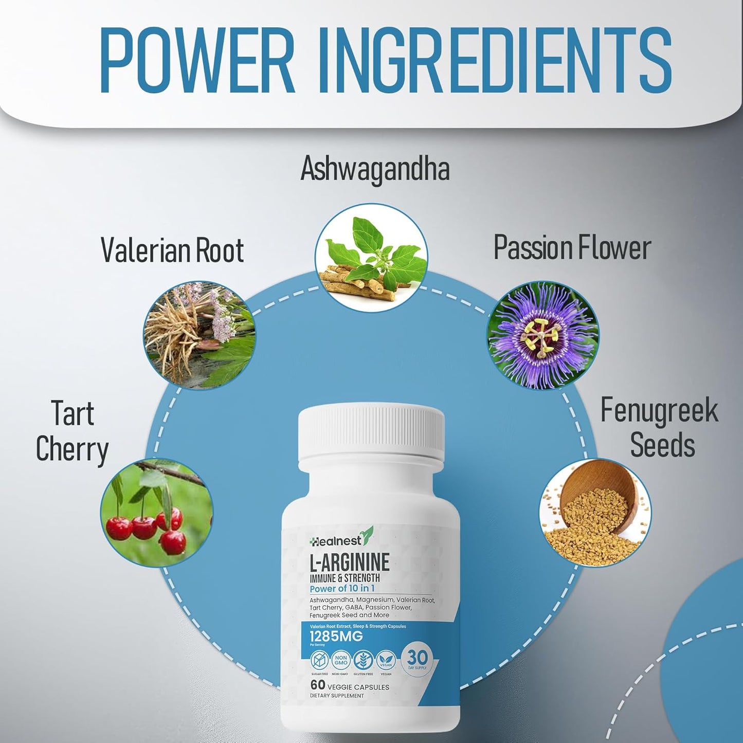 L-Arginine Capsules with L-Theanine, Valerian Root, Ashwagandha, Magnesium, Tart Cherry - 60 Non-GMO Veggie Capsules