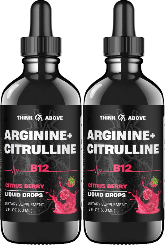 L-Arginine + L-Citrulline Liquid Drops with Vitamin B12 - Citrus Berry Flavor, 2 fl oz (60 ml) x 2 - Fast Absorption & Easy-to-Use