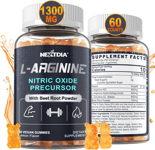L Arginine Nitric Oxide Gummies 1300mg with L Citrulline & Beet Root for Performance, Muscle Growth | Vegan, 60 Count Sugar Free Supplement for Men & Women