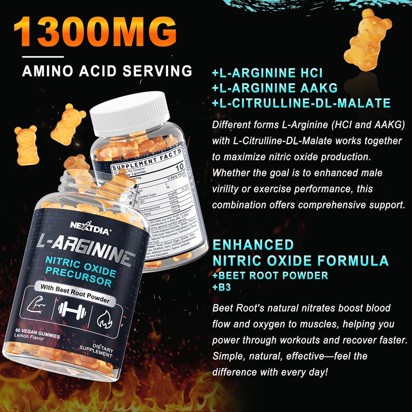 L Arginine Nitric Oxide Gummies 1300mg with L Citrulline & Beet Root for Performance, Muscle Growth | Vegan, 60 Count Sugar Free Supplement for Men & Women