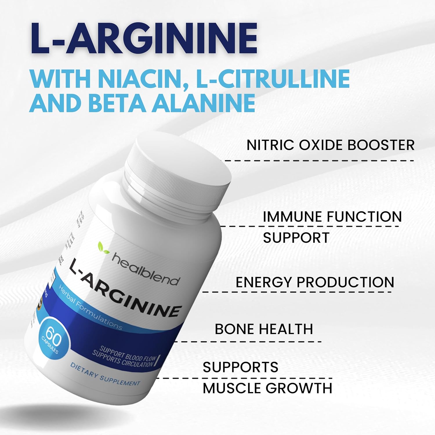 L-Arginine Plus Supplement with Calcium, Niacin, L-Citrulline Complex, Beta Alanine - 60 Capsules for Improved Health