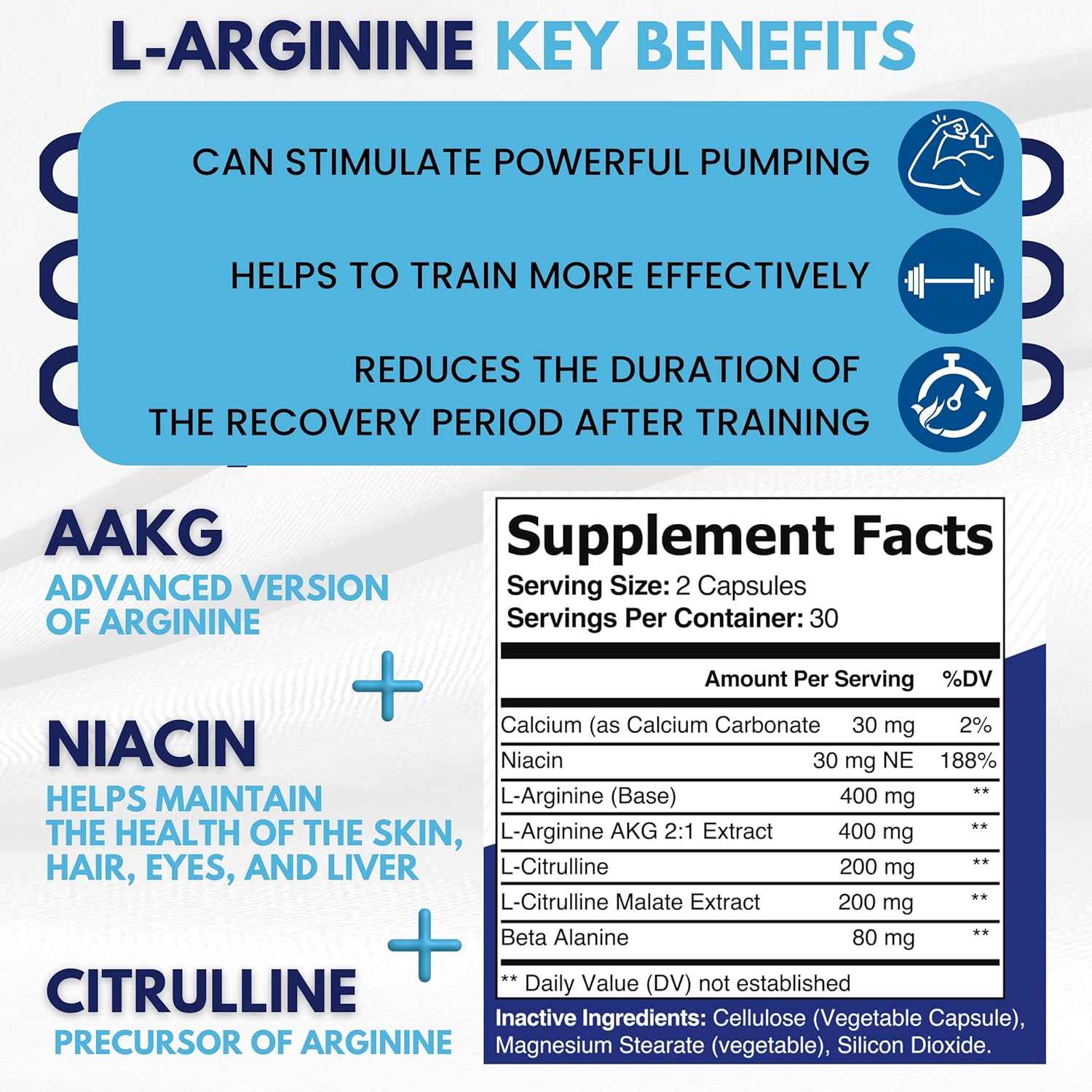 L-Arginine Plus Supplement with Calcium, Niacin, L-Citrulline Complex, Beta Alanine - 60 Capsules for Improved Health