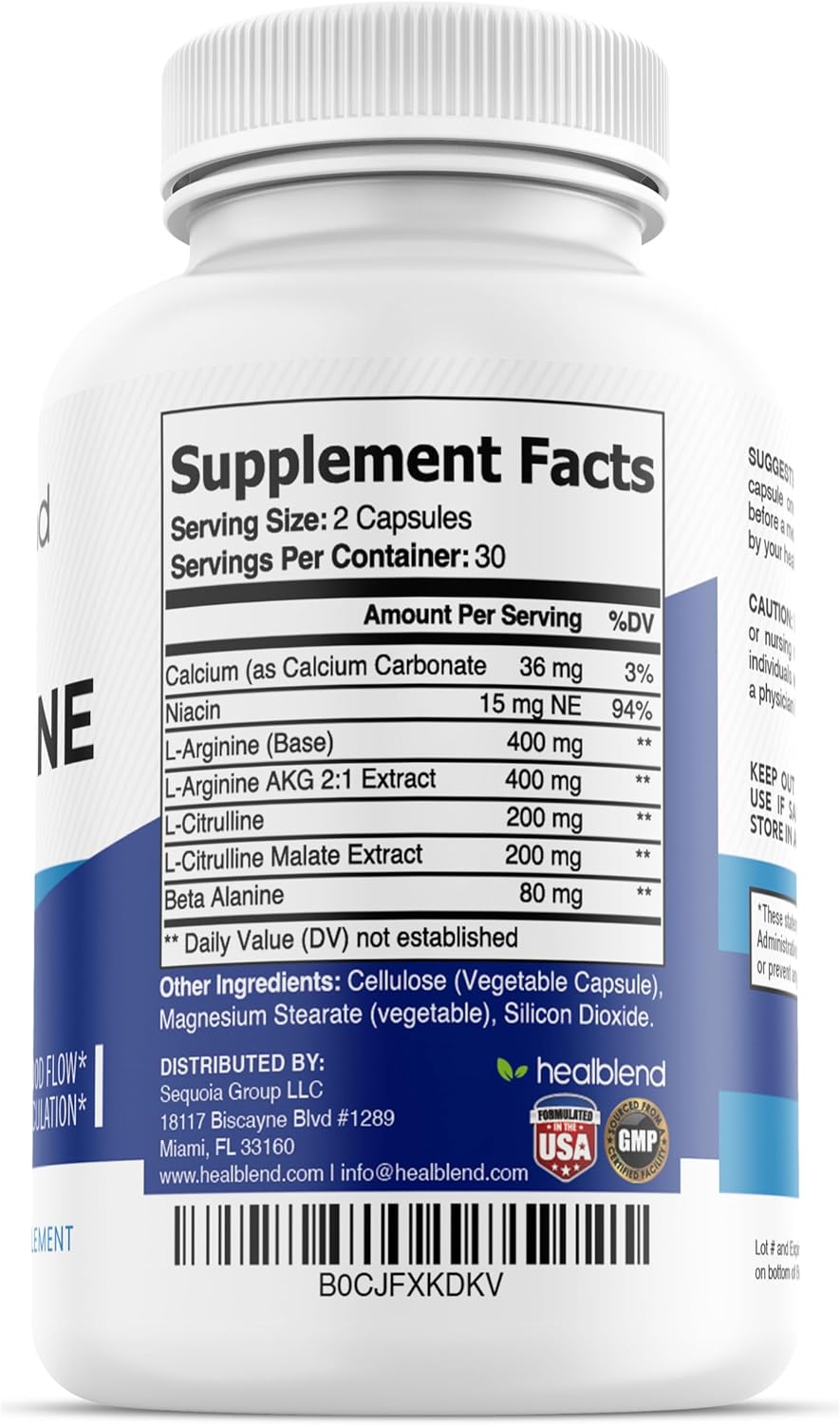 L-Arginine Plus Supplement with Calcium, Niacin, L-Citrulline Complex, Beta Alanine - 60 Capsules for Improved Health