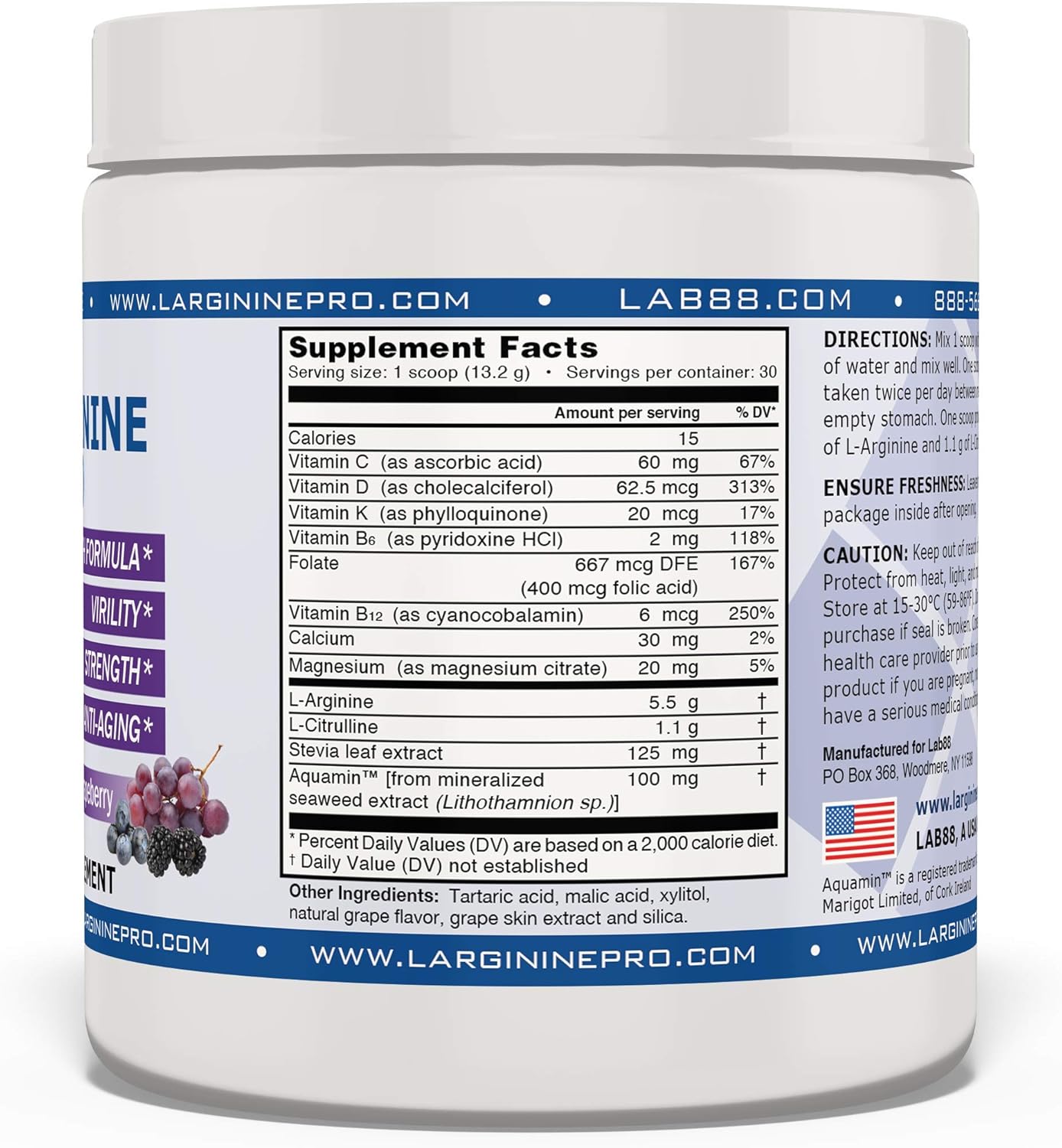 L-ARGININE PRO Grape Powder Supplement | 5,500mg L-arginine, 1,100mg L-Citrulline | 4 Jars