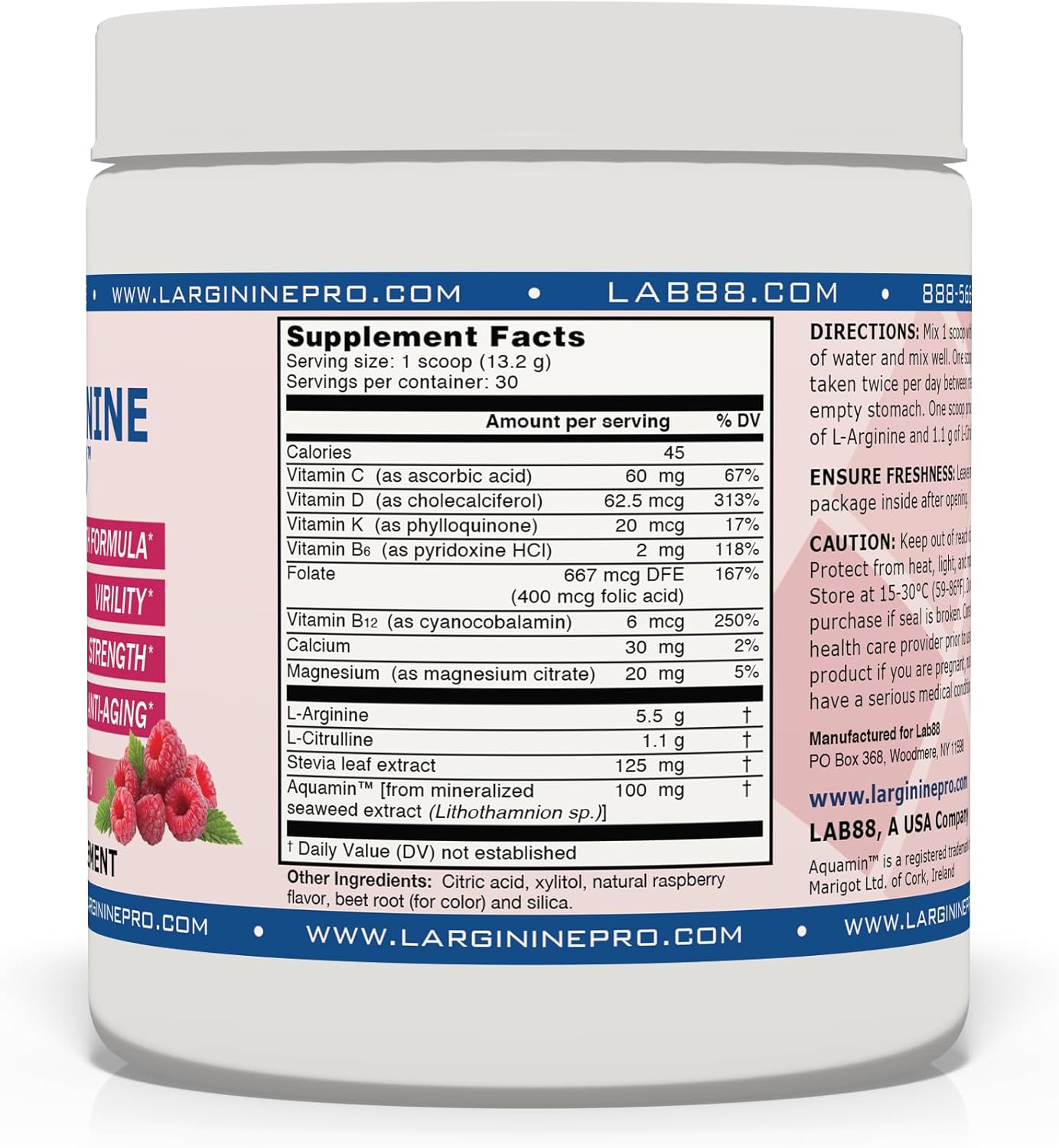 L-ARGININE PRO Raspberry Powder Supplement | 5,500mg L-arginine & 1,100mg L-Citrulline | 3 Jars
