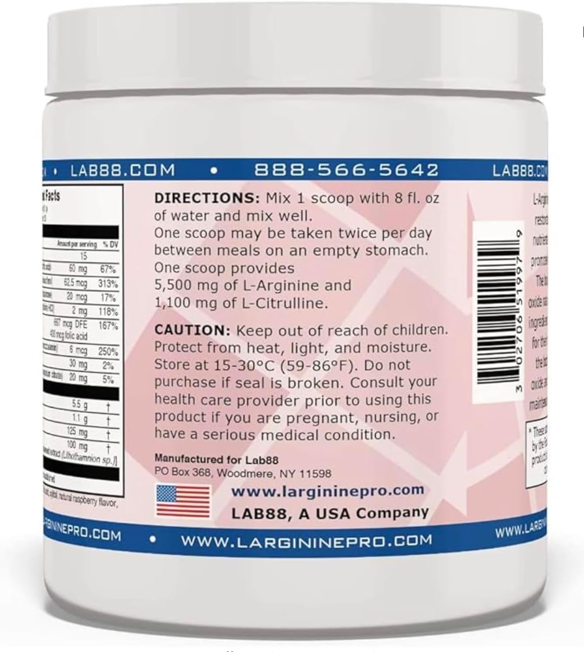 L-ARGININE PRO Raspberry Powder Supplement | 5,500mg L-arginine & 1,100mg L-Citrulline | 3 Jars