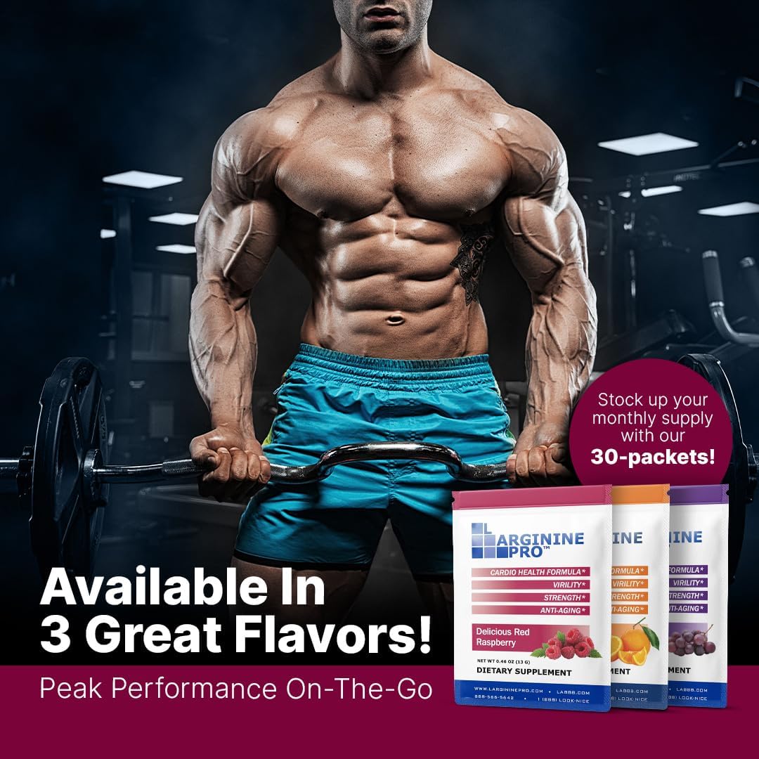 L-ARGININE PRO Single Serve Packets - 60 Count with 5,500mg of L-arginine and 1,100mg L-Citrulline - Raspberry Flavor Travel Size