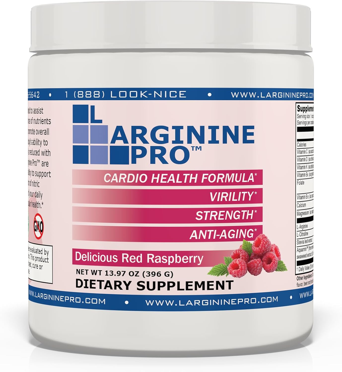 L-ARGININE PRO Supplement Powder with 5,500mg L-arginine and 1,100mg L-Citrulline - 30 Servings, Grape & Raspberry Flavor (Pack of 2)