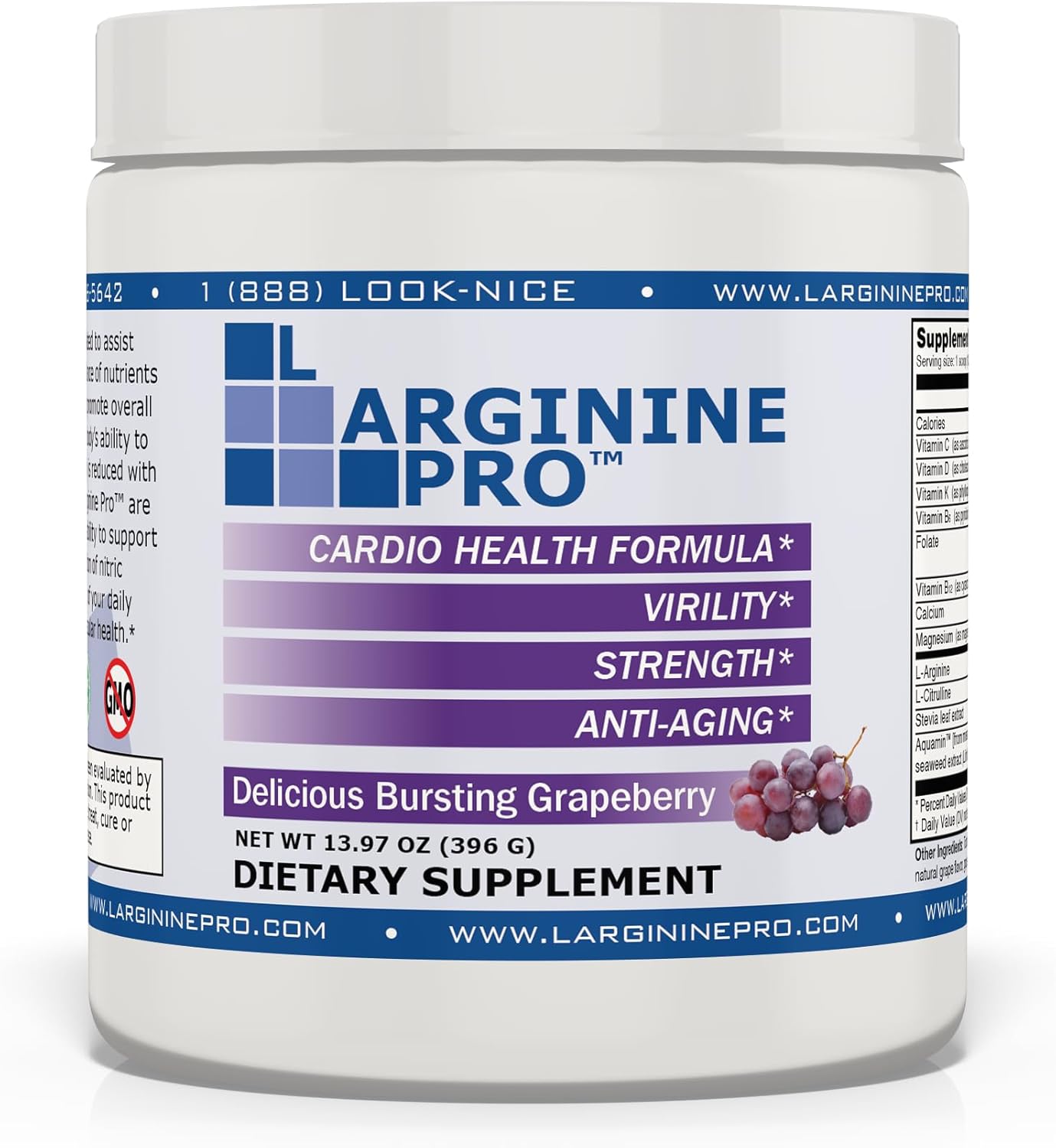 L-ARGININE PRO Supplement Powder with 5,500mg L-arginine and 1,100mg L-Citrulline - 30 Servings, Grape & Raspberry Flavor (Pack of 2)