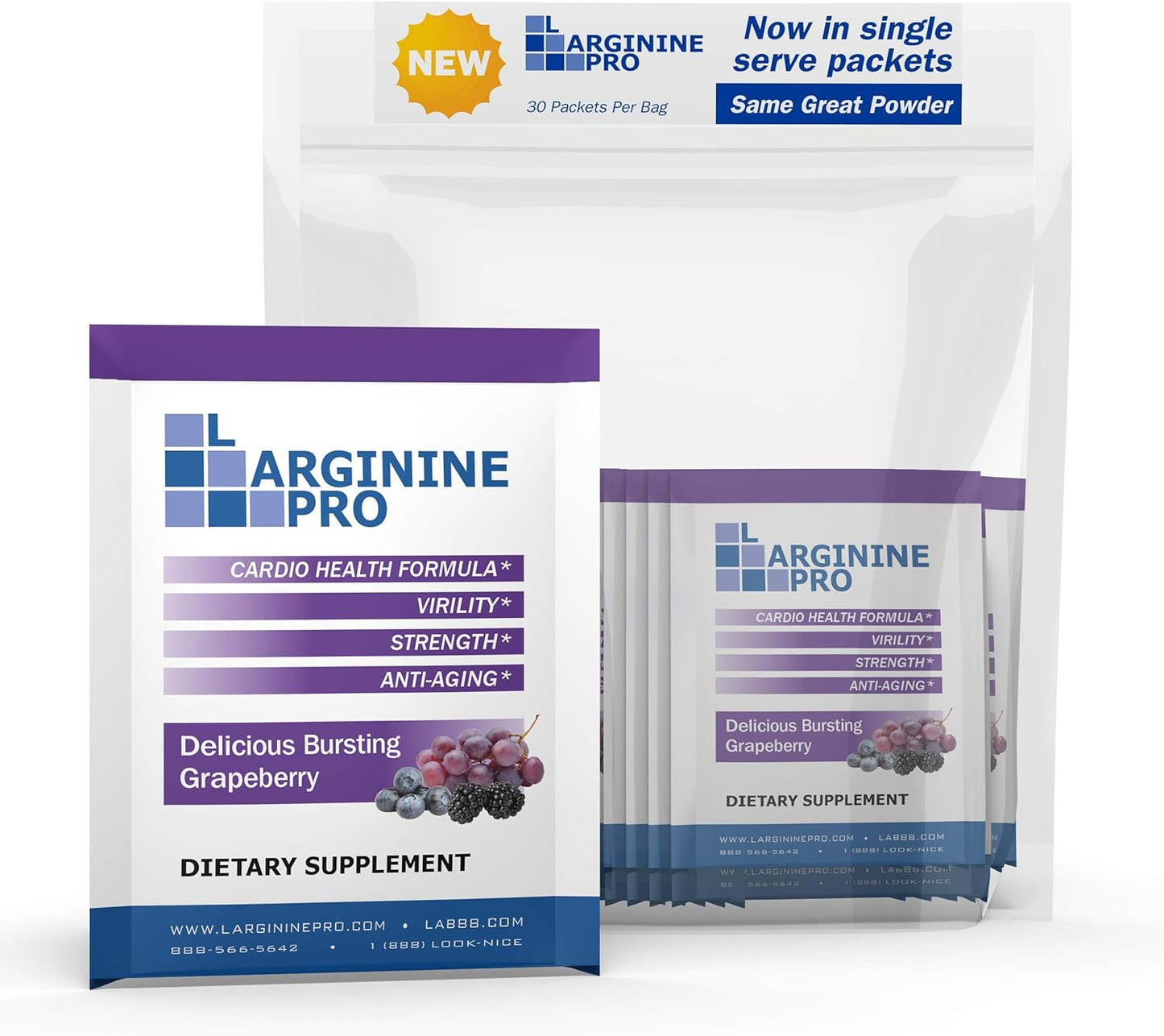 L-ARGININE PRO Travel Packets - 5,500mg L-arginine, 1,100mg L-Citrulline (Grape Berry, 30 Packets)