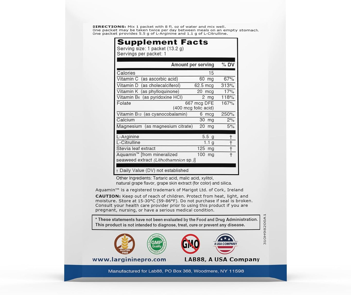 L-ARGININE PRO Travel Packets - 5,500mg L-arginine, 1,100mg L-Citrulline (Grape Berry, 30 Packets)